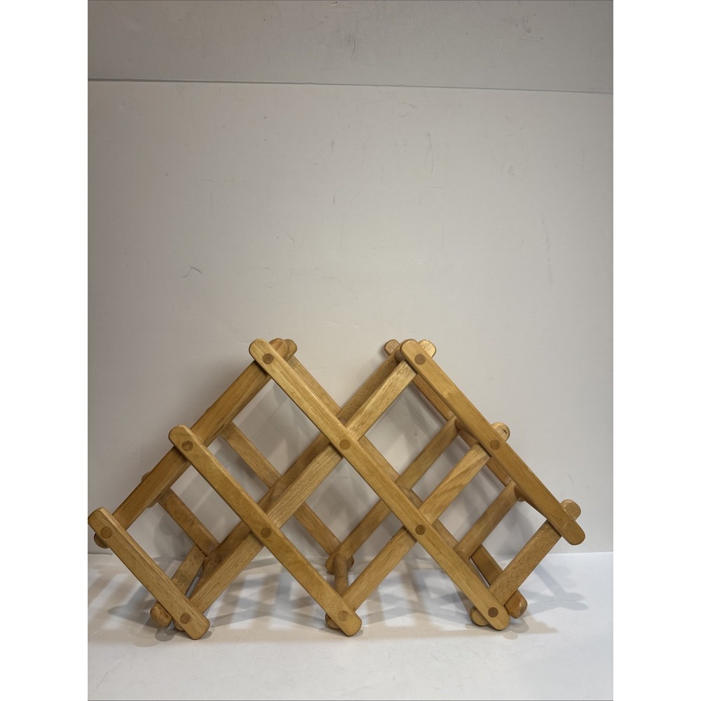 Vintage Teak Wood And Brass Folding Accordion Wine Rack MCM Holds 6 Bottles